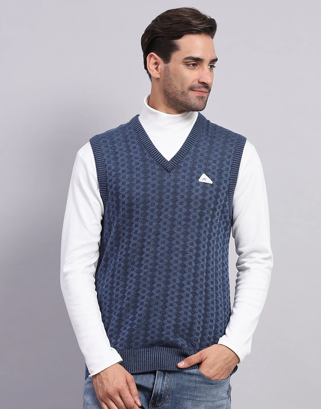 Men Blue Self Design V Neck Sleeveless Sweater - Image 2