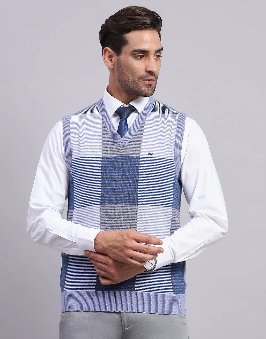 Men Blue Self Design V Neck Sleeveless Sweater - Image 2