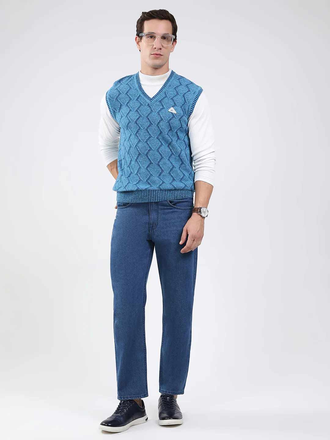 Men Blue Self Design V Neck Sleeveless Sweater - Image 2