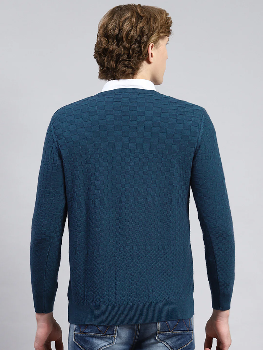 Men Blue Self Pullover - Image 5