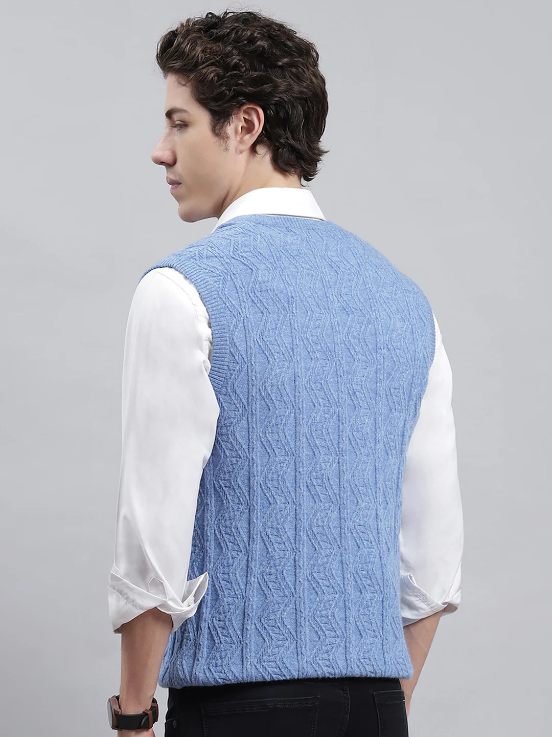 Men Blue Self Sweater - Image 5
