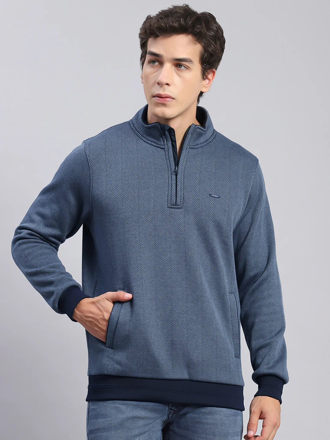 Men Blue Self Design T Neck Full Sleeve Sweatshirts - Image 2