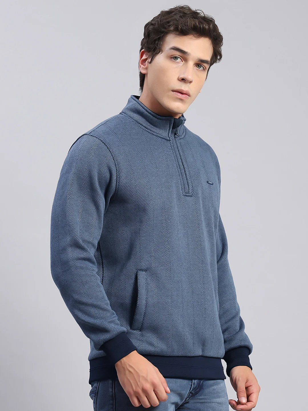 Men Blue Self Design T Neck Full Sleeve Sweatshirts - Image 4