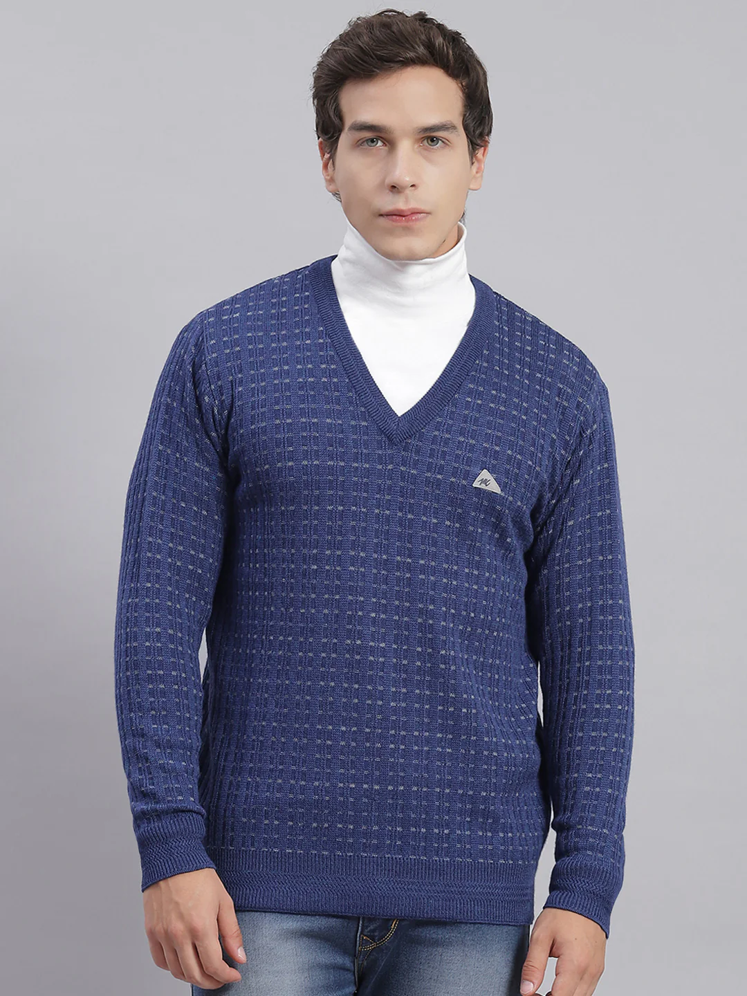 Men Blue Self Design V Neck Full Sleeve Sweaters/Pullovers - Image 2