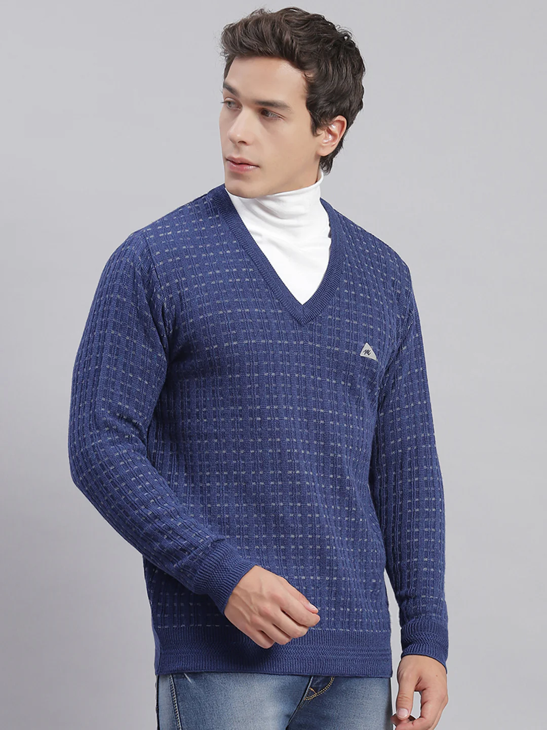 Men Blue Self Design V Neck Full Sleeve Sweaters/Pullovers - Image 4