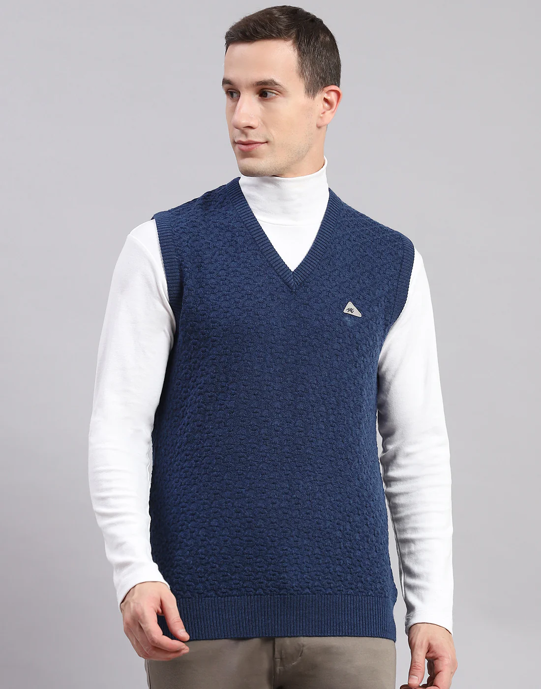 Men Blue Self Design V Neck Sleeveless Sweaters/Pullovers - Image 3