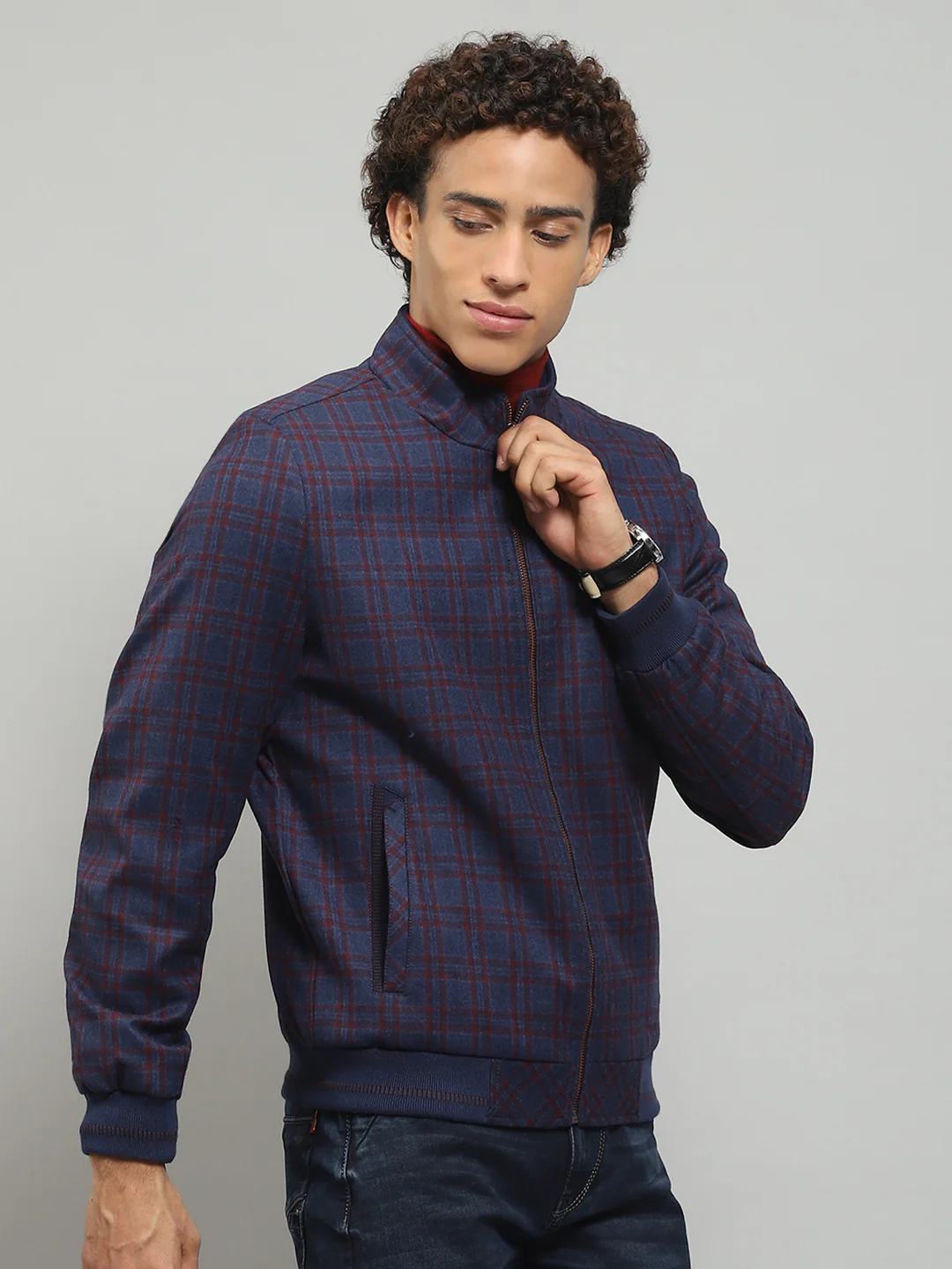 Men Blue Solid Band Collar Full Sleeve Jacket - Image 4