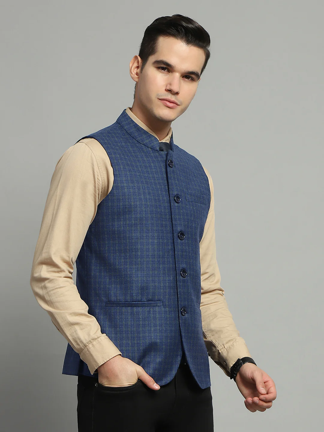Luxuria Men Blue Solid Band Collar Sleeveless Jacket - Image 4