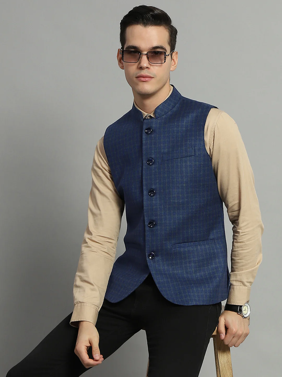 Luxuria Men Blue Solid Band Collar Sleeveless Jacket - Image 6