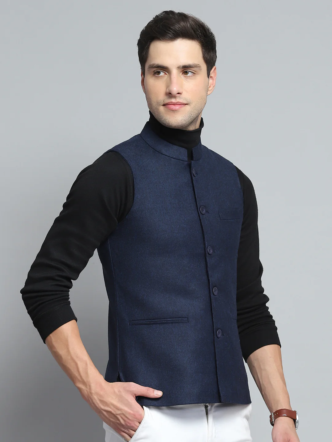 Men Blue Solid Band Collar Sleeveless Nehru Jacket - Image 4