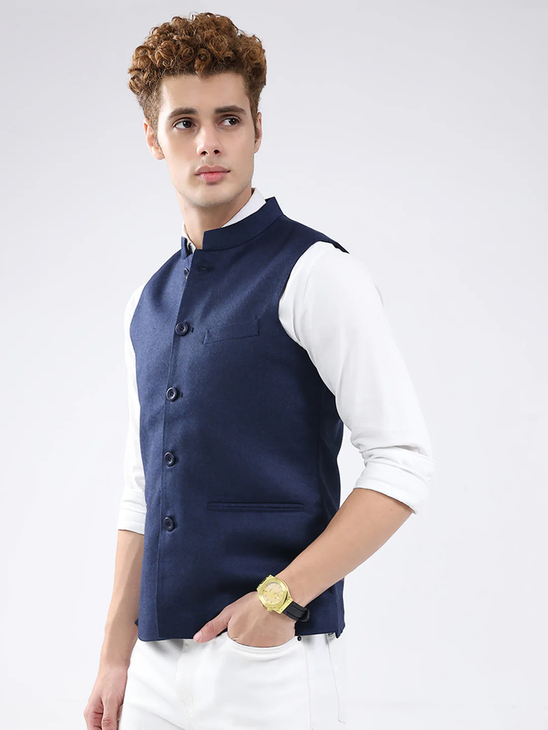 Men Blue Solid Band Neck Sleeveless Jacket - Image 3