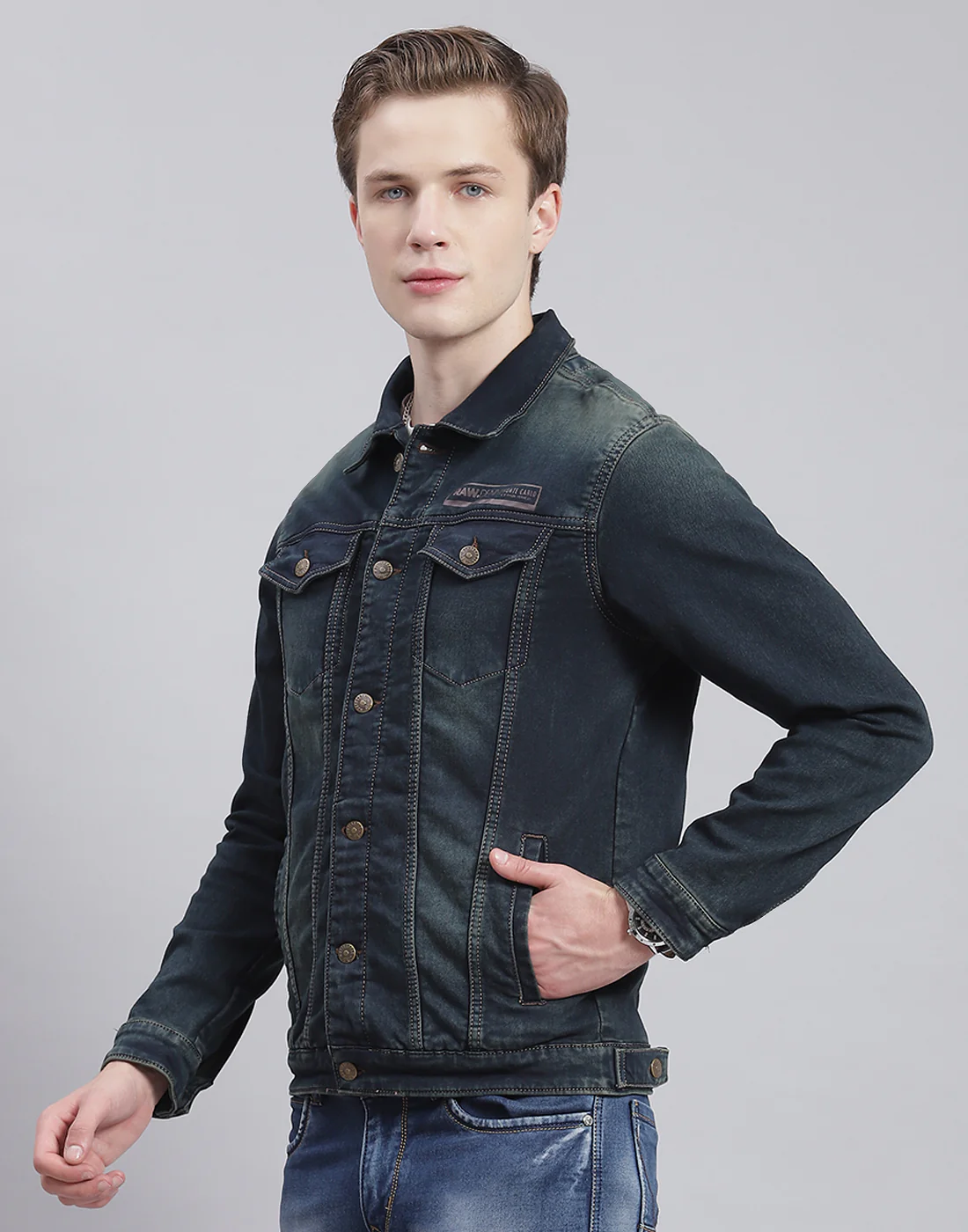 Men Blue Solid Collar Full Sleeve Jacket - Image 3
