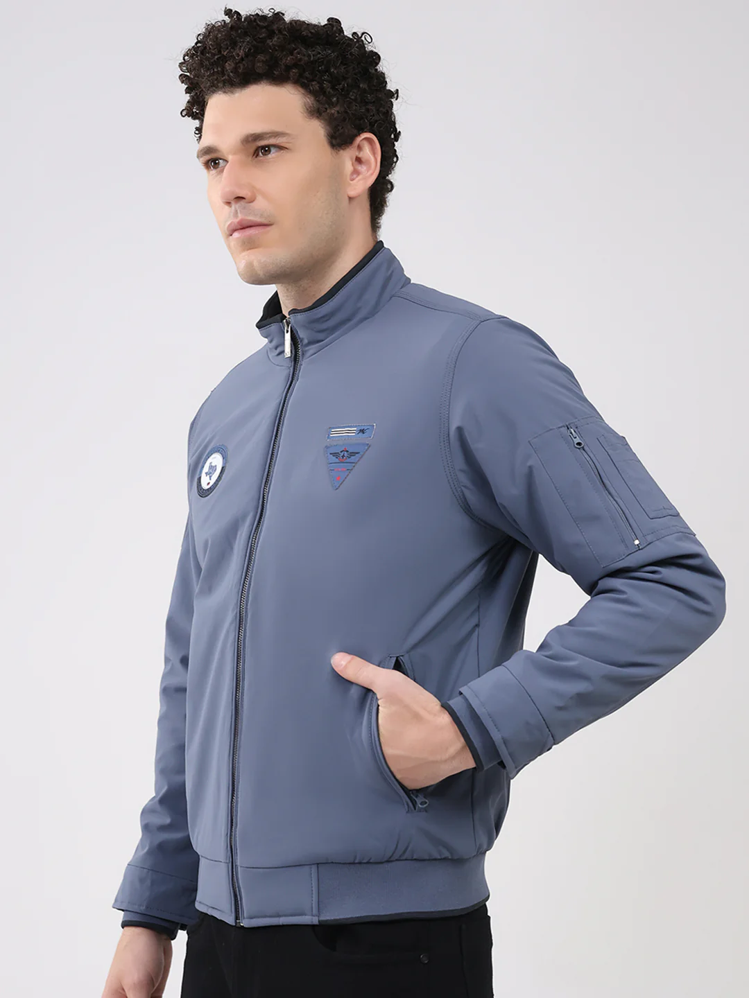 Men Blue Solid Collar Full Sleeve Jacket - Image 3