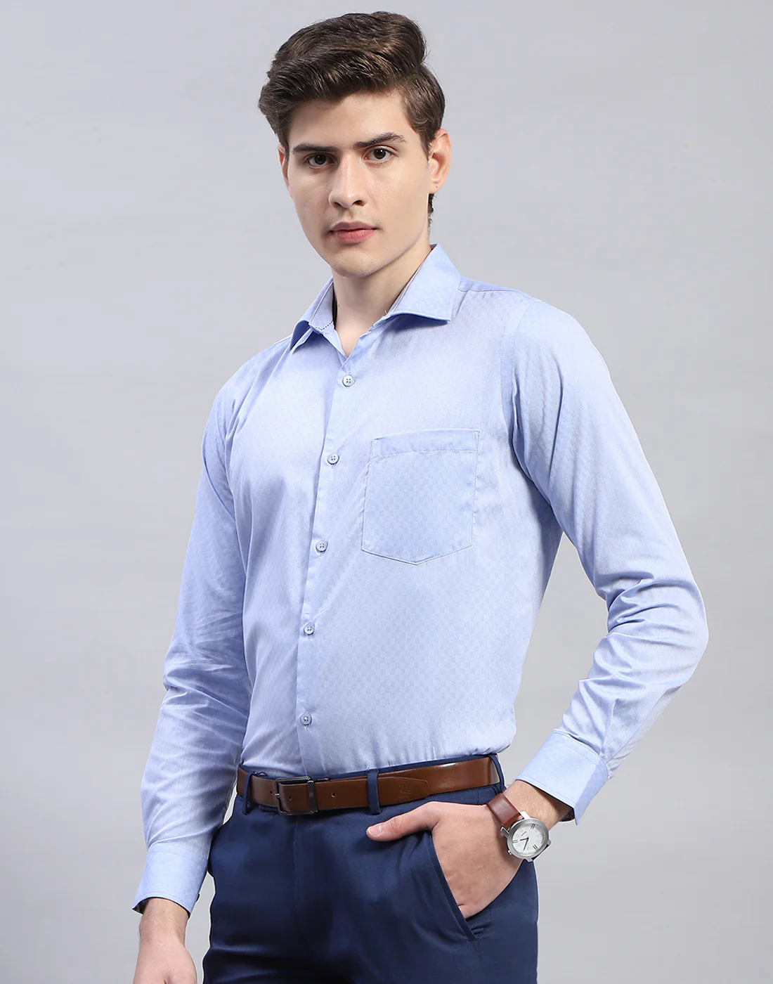Men Blue Solid Collar Full Sleeve Shirt - Image 3