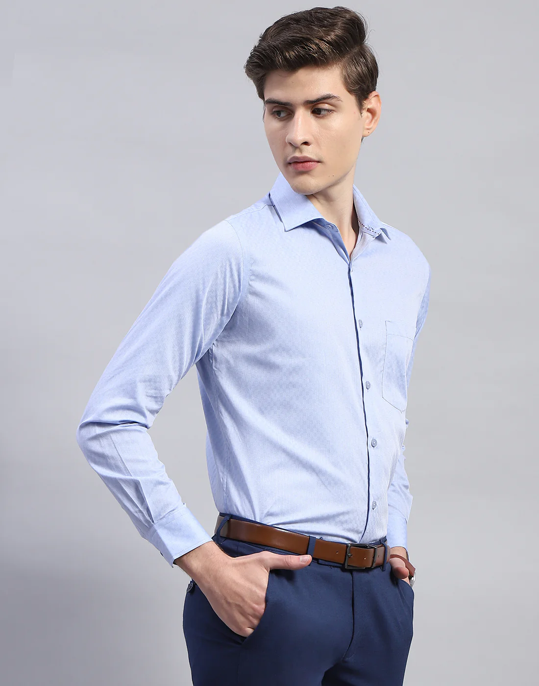 Men Blue Solid Collar Full Sleeve Shirt - Image 4