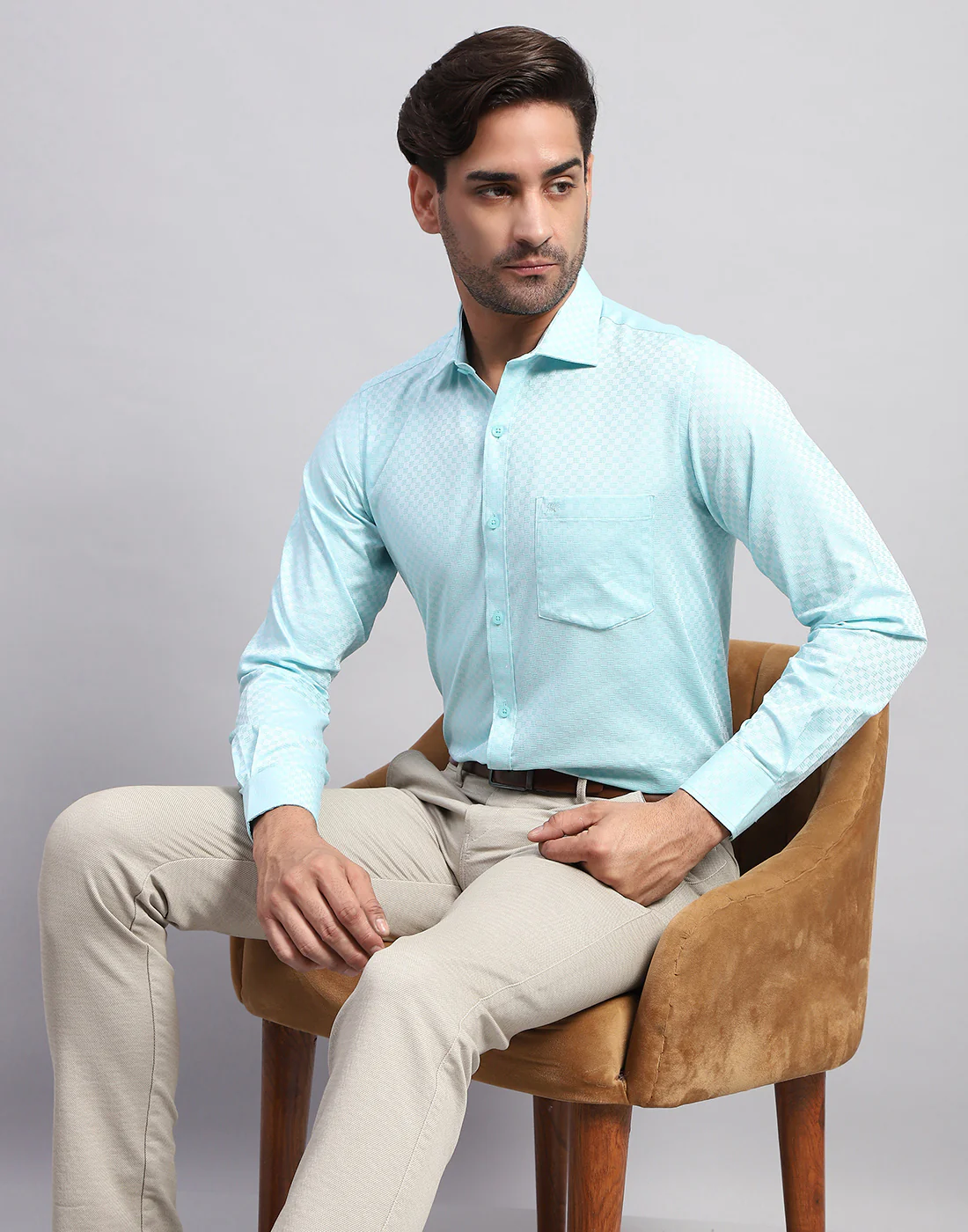 Men Blue Solid Collar Full Sleeve Shirt - Image 6