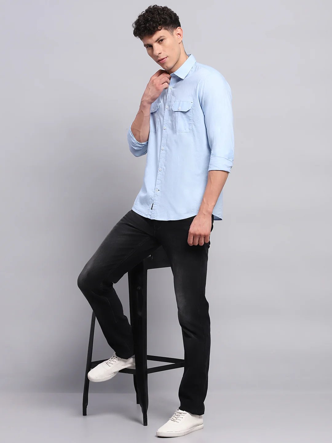 Men Blue Solid Collar Full Sleeve Shirt - Image 2
