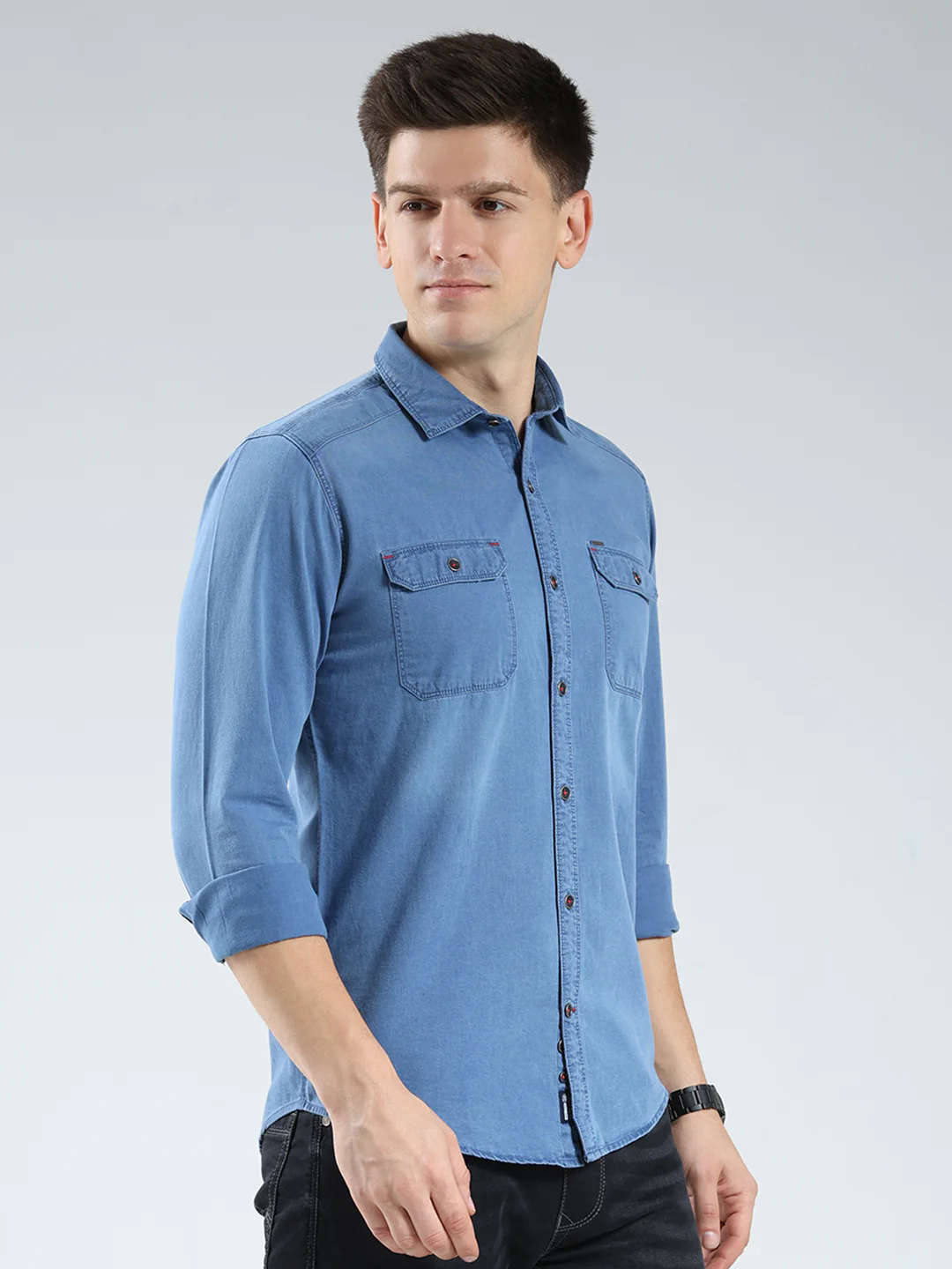 Men Blue Solid Collar Full Sleeve Shirt - Image 4