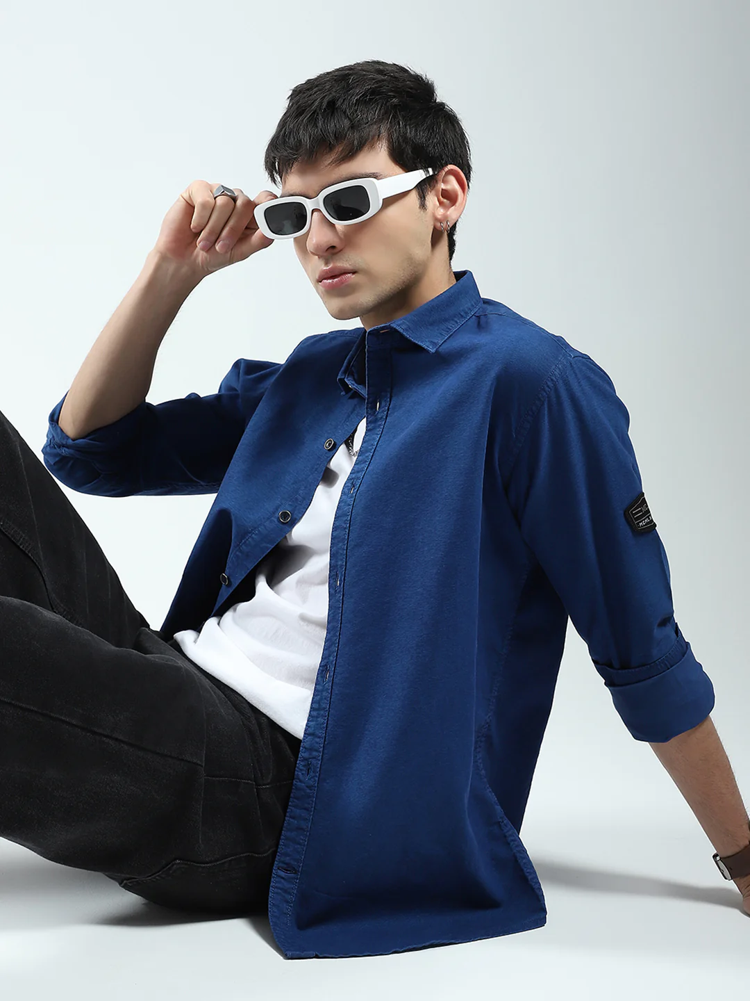 Men Blue Solid Collar Full Sleeve Shirt - Image 6