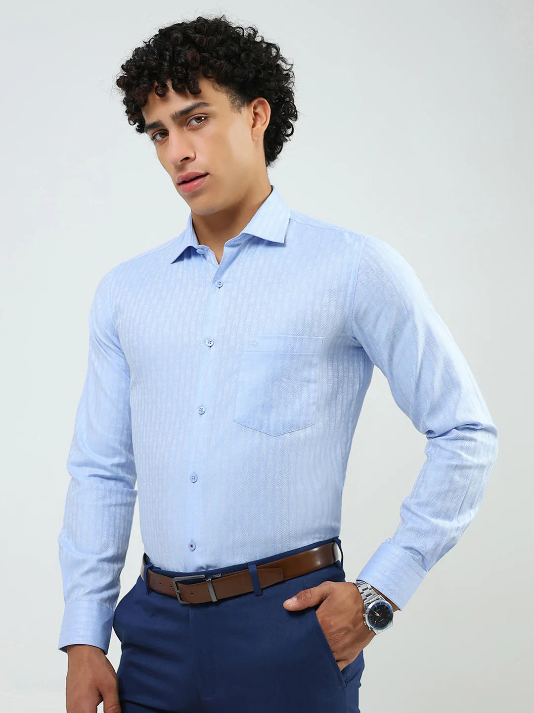Men Blue Solid Collar Full Sleeve Shirt - Image 3