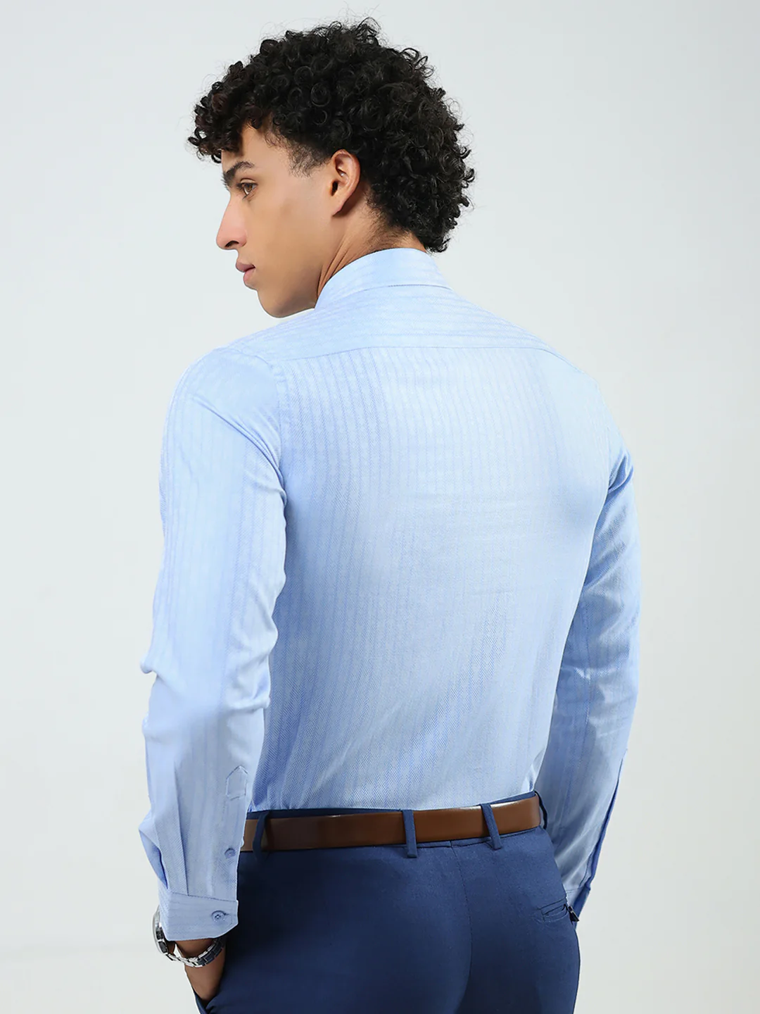 Men Blue Solid Collar Full Sleeve Shirt - Image 5