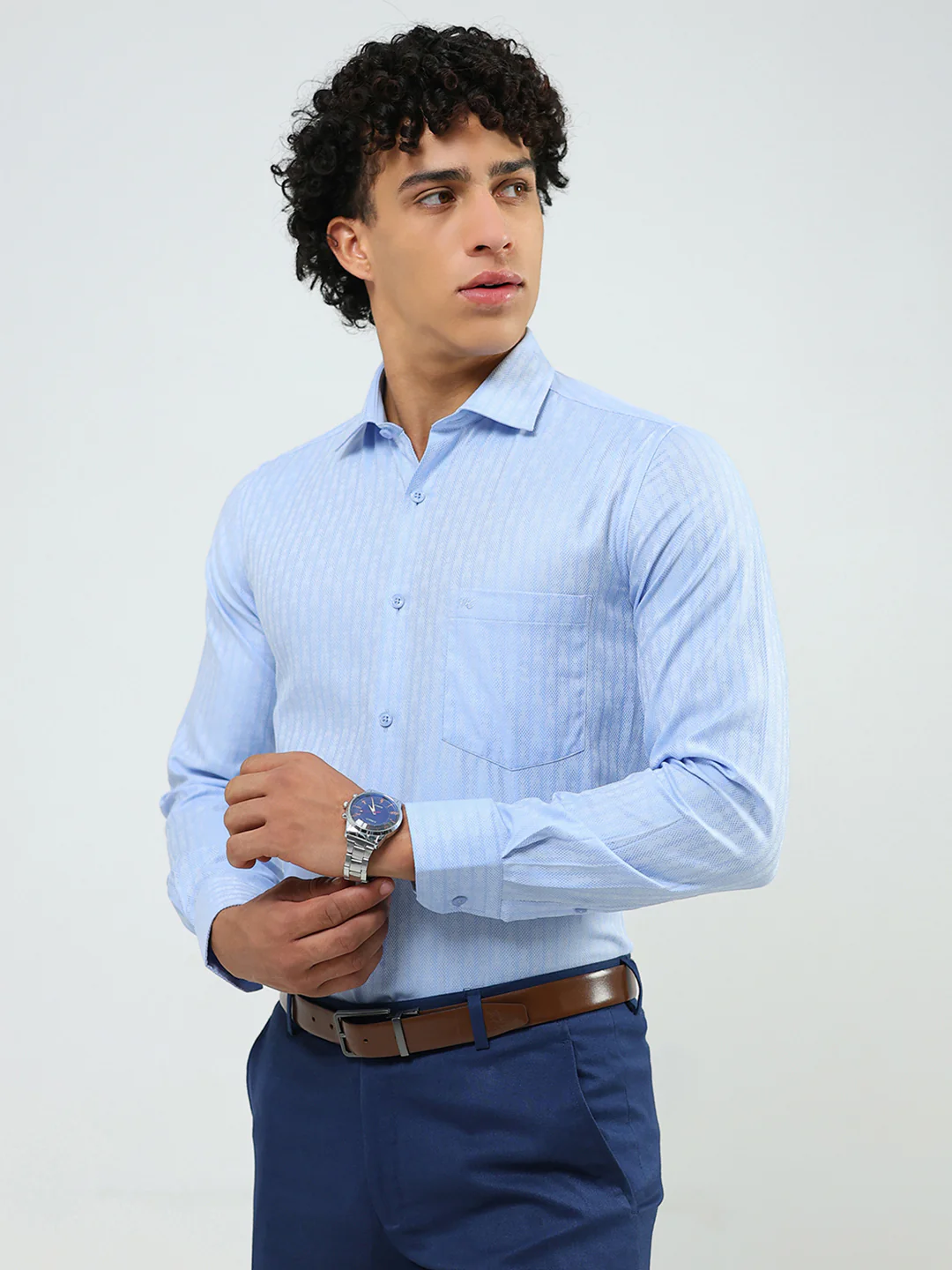 Men Blue Solid Collar Full Sleeve Shirt - Image 7