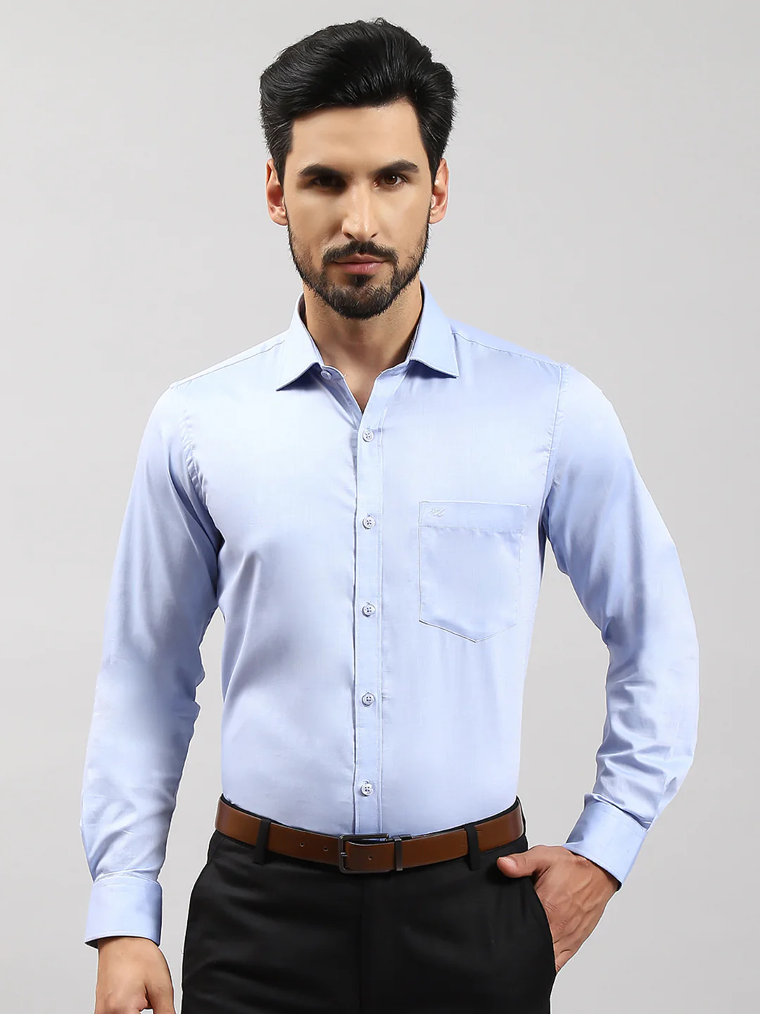 Men Blue Solid Collar Full Sleeve Shirts - Image 2