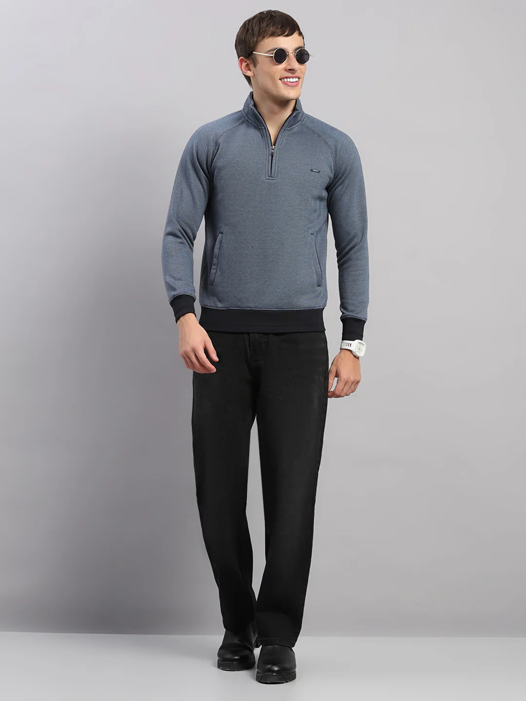 Men Blue Solid Collar Full Sleeve Sweatshirt - Image 2