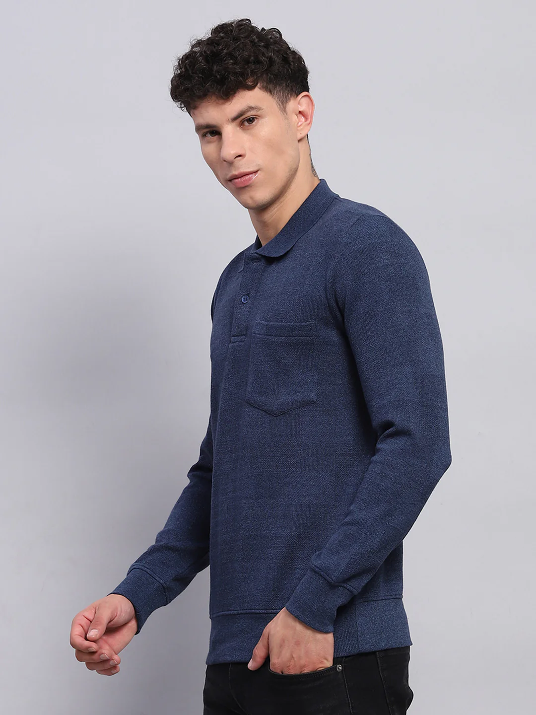 Men Blue Solid Collar Full Sleeve Winter T-Shirt - Image 3
