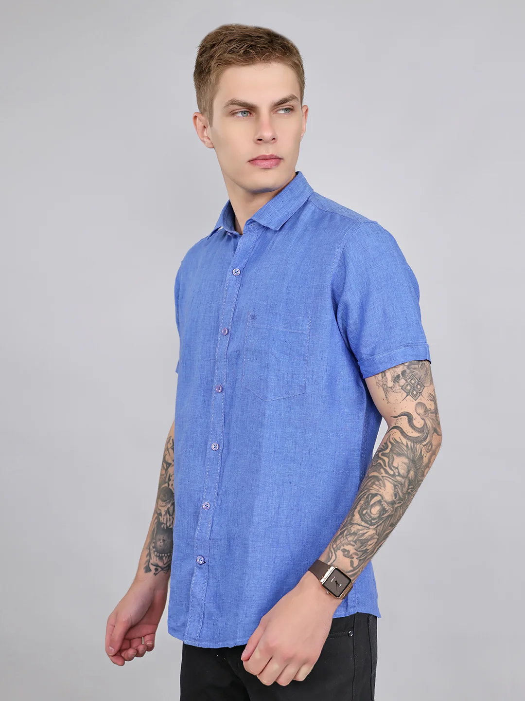 Men Blue Solid Collar Half Sleeve Shirt - Image 2