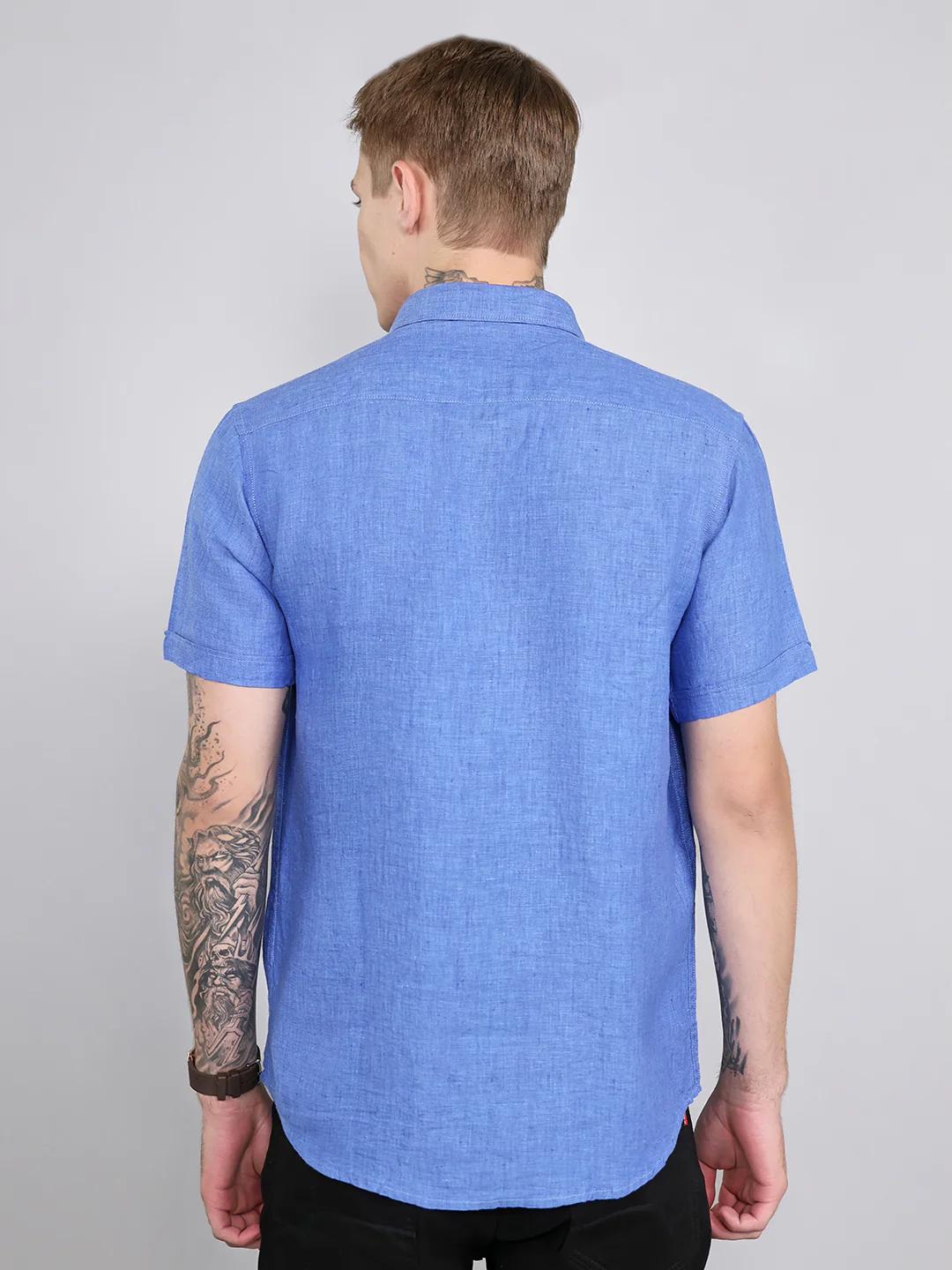Men Blue Solid Collar Half Sleeve Shirt - Image 4