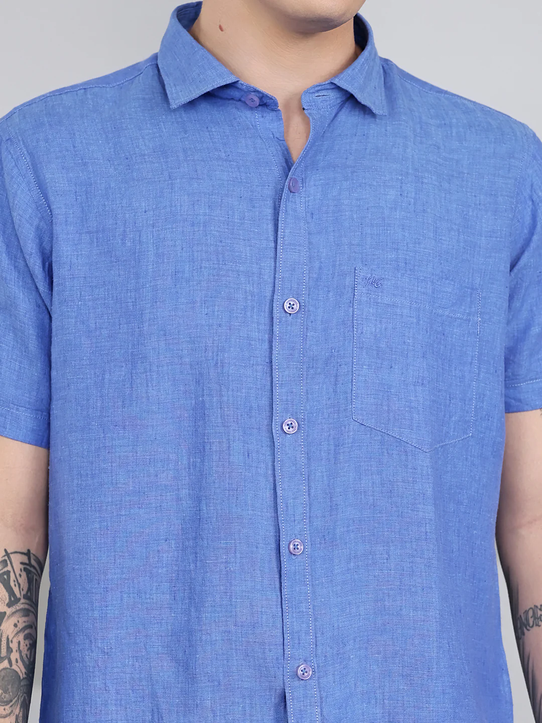 Men Blue Solid Collar Half Sleeve Shirt - Image 5