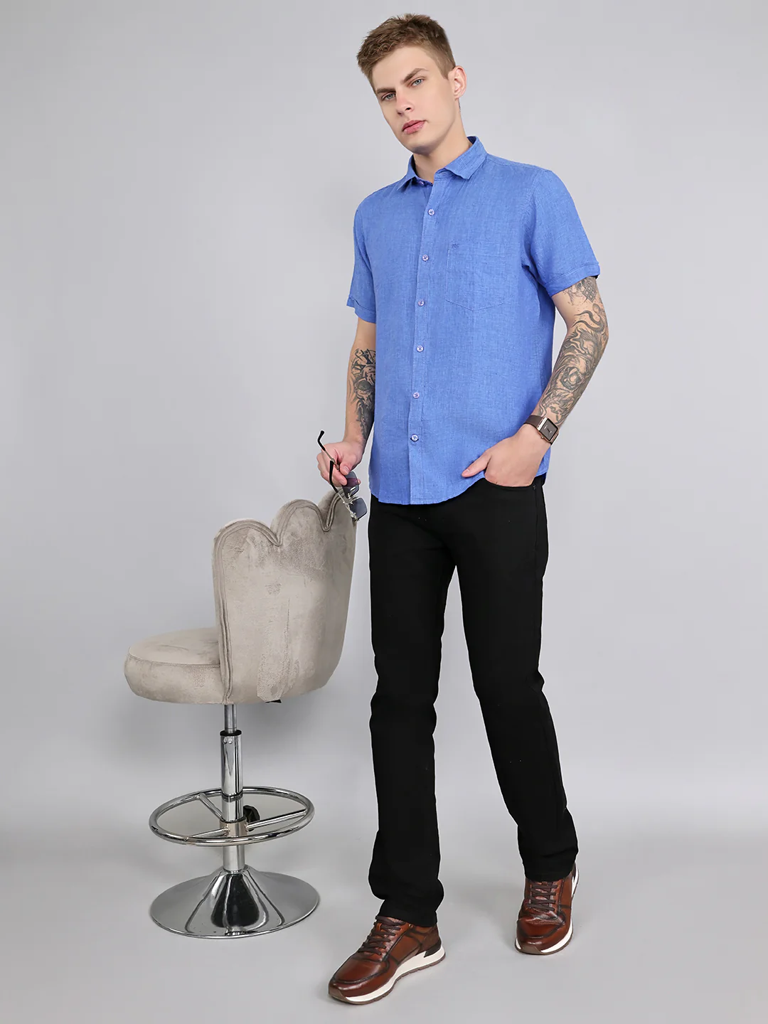 Men Blue Solid Collar Half Sleeve Shirt - Image 6