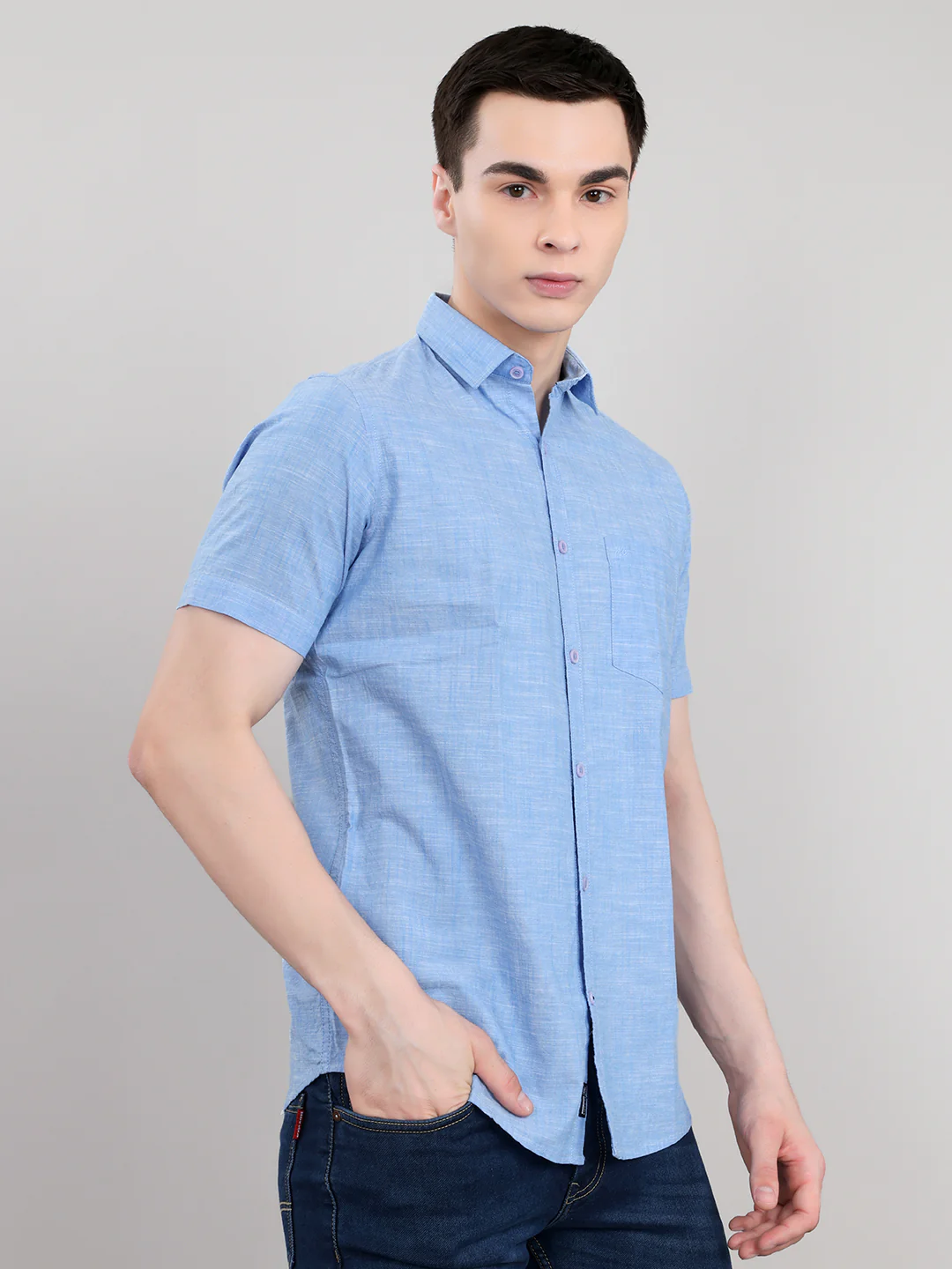 Men Blue Solid Collar Half Sleeve Shirt - Image 3