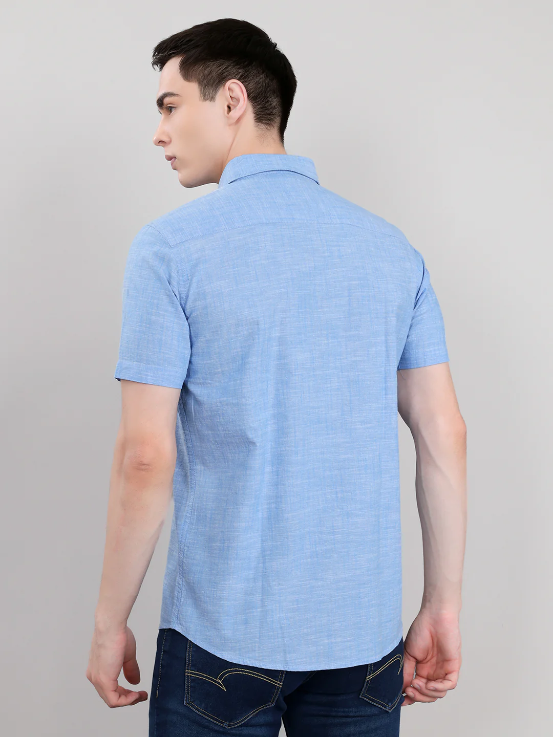 Men Blue Solid Collar Half Sleeve Shirt - Image 4
