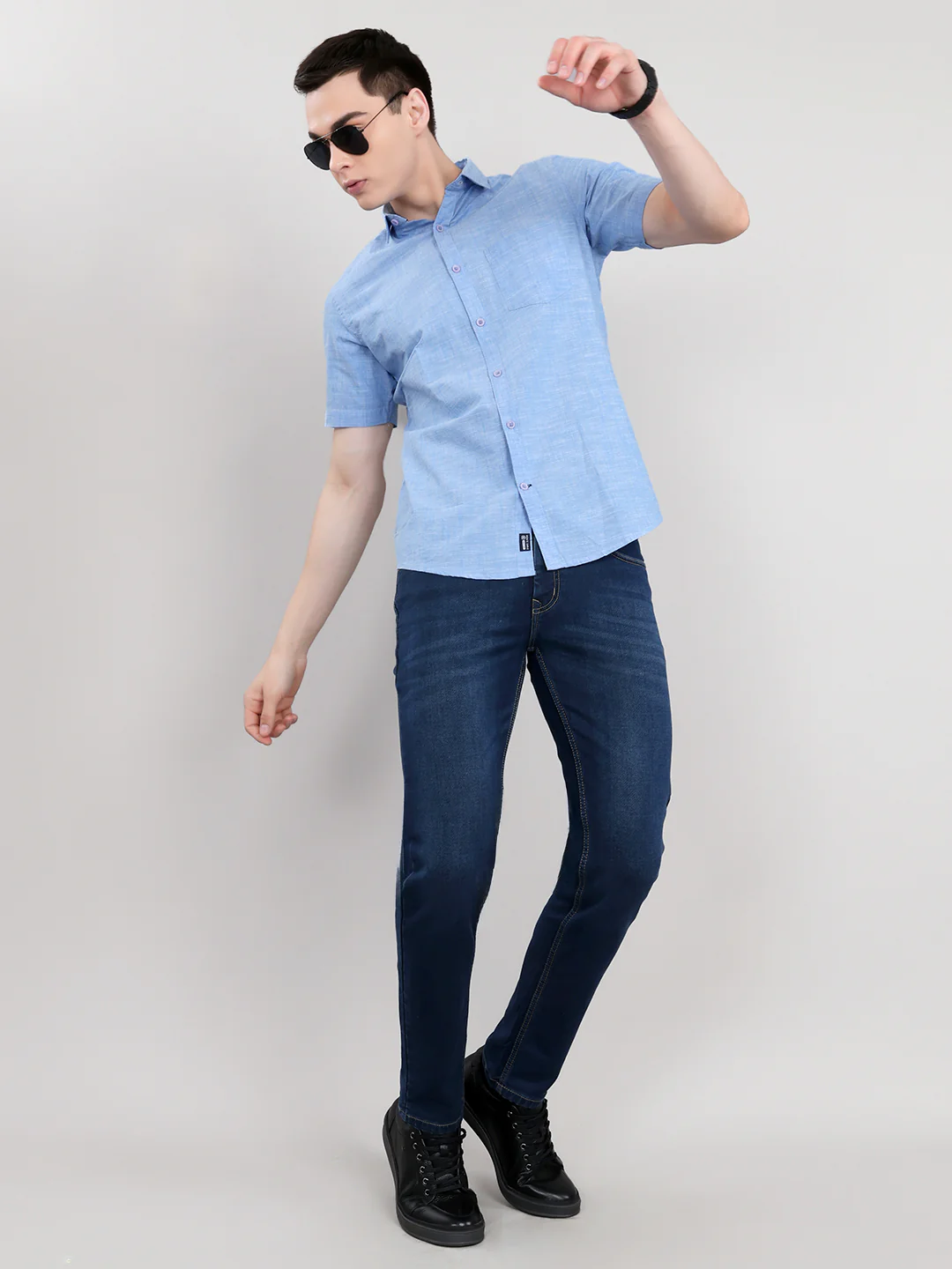 Men Blue Solid Collar Half Sleeve Shirt - Image 6