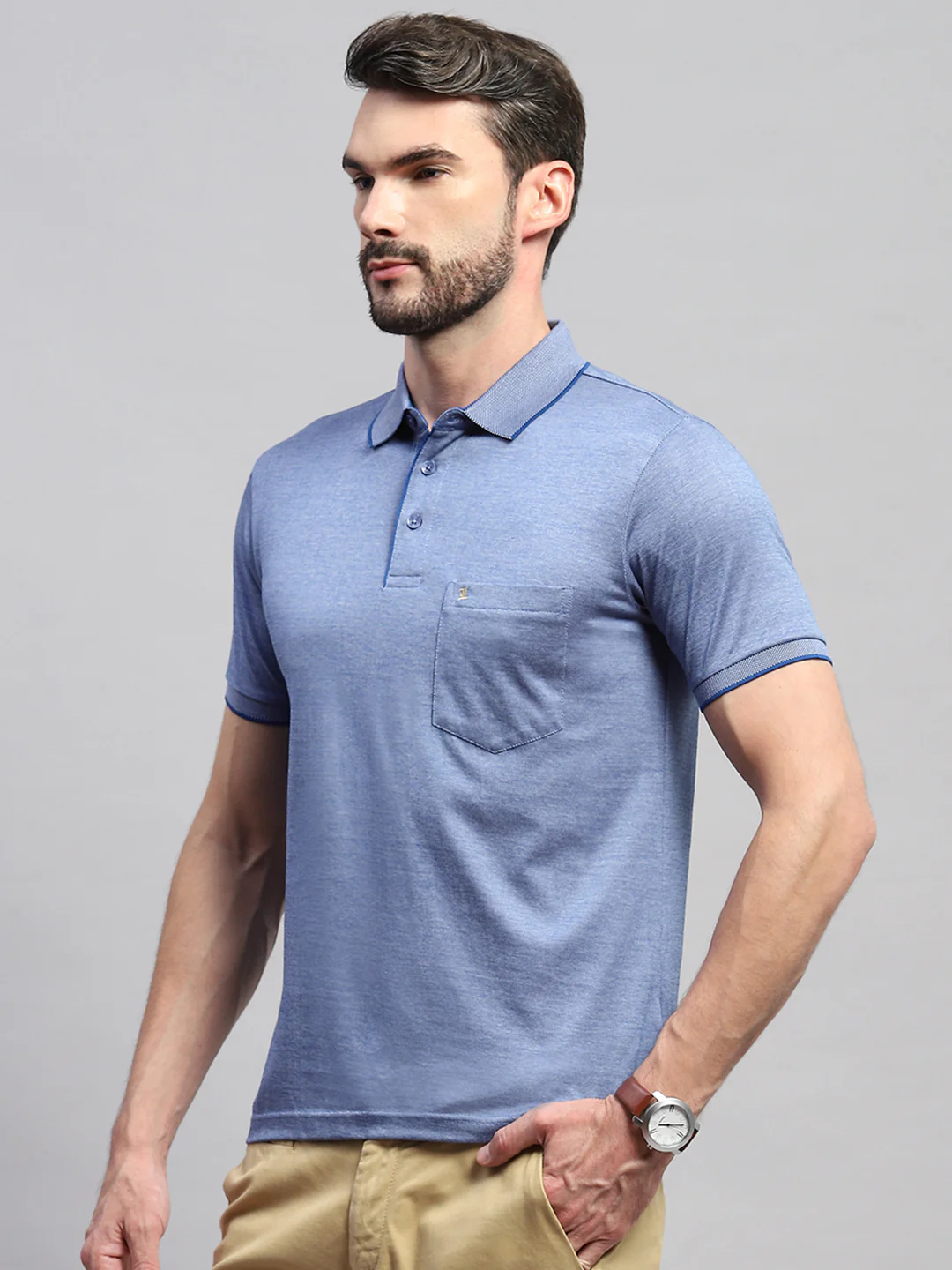 Men Blue Solid Collar Half Sleeve T-Shirt - Image 3