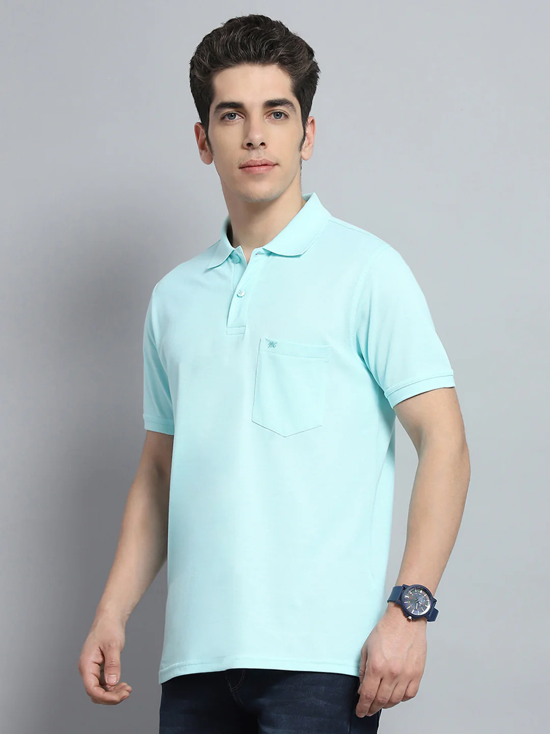 Men Blue Solid Collar Half Sleeve T-Shirt - Image 3