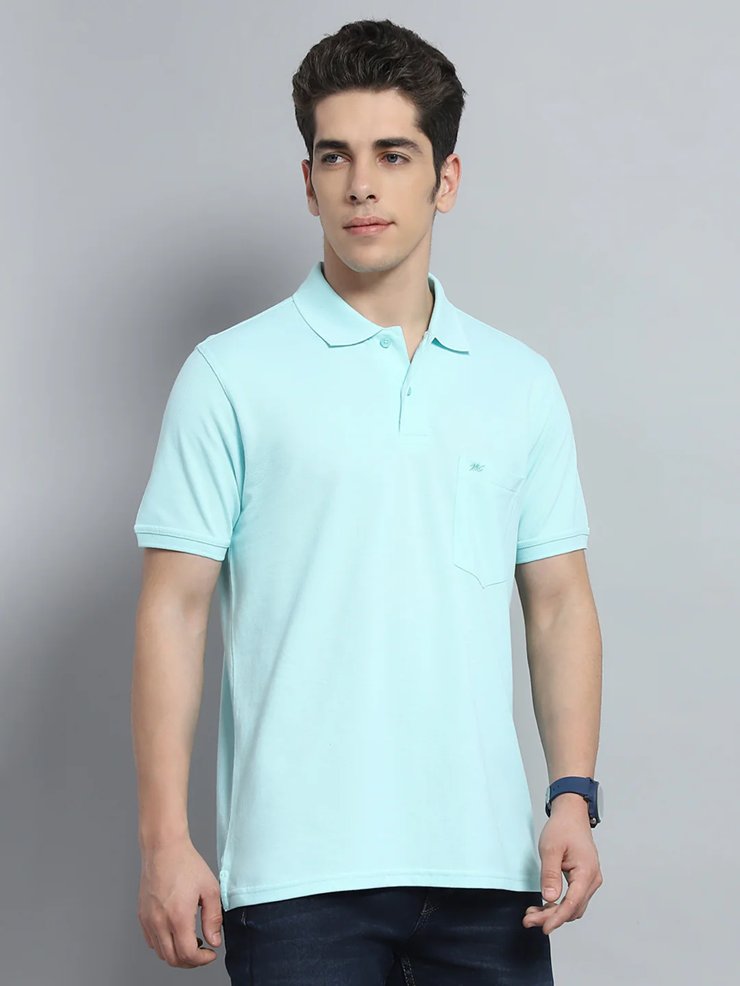 Men Blue Solid Collar Half Sleeve T-Shirt - Image 4