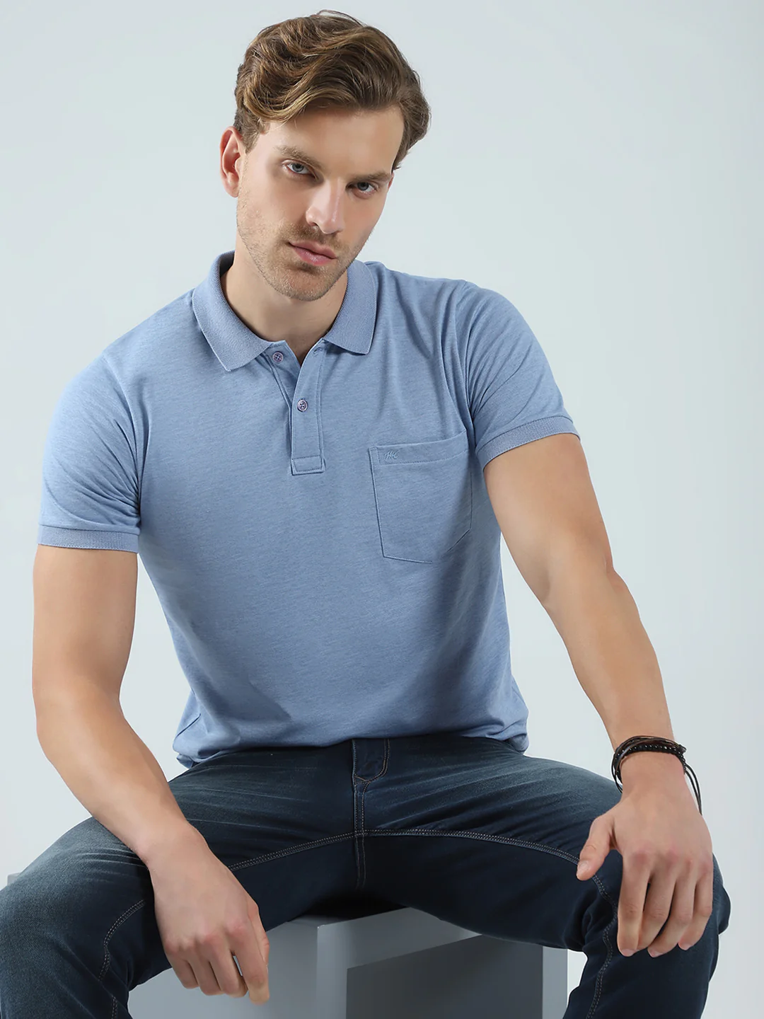 Men Blue Solid Collar Half Sleeve T-Shirt - Image 6