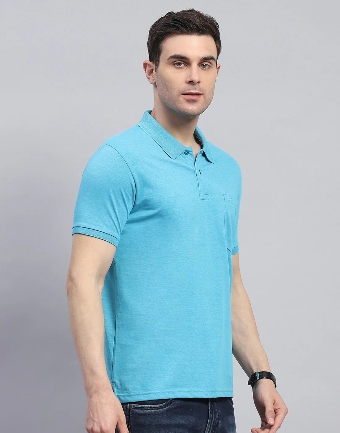 Men Blue Solid Collar Half Sleeve T-Shirt - Image 3