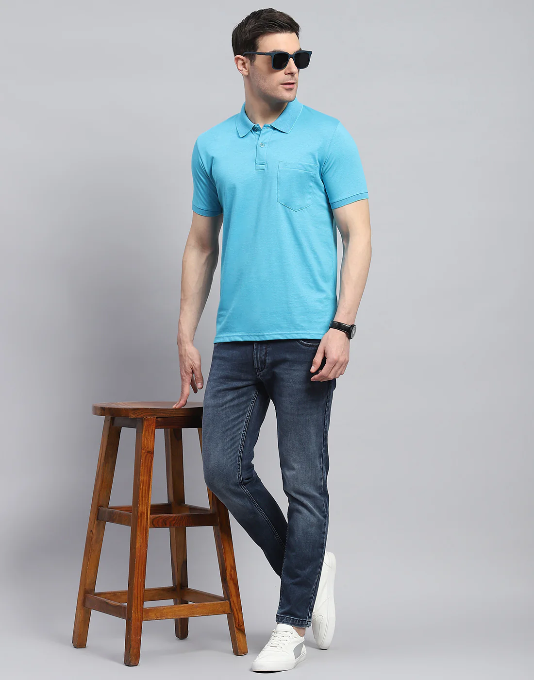 Men Blue Solid Collar Half Sleeve T-Shirt - Image 5