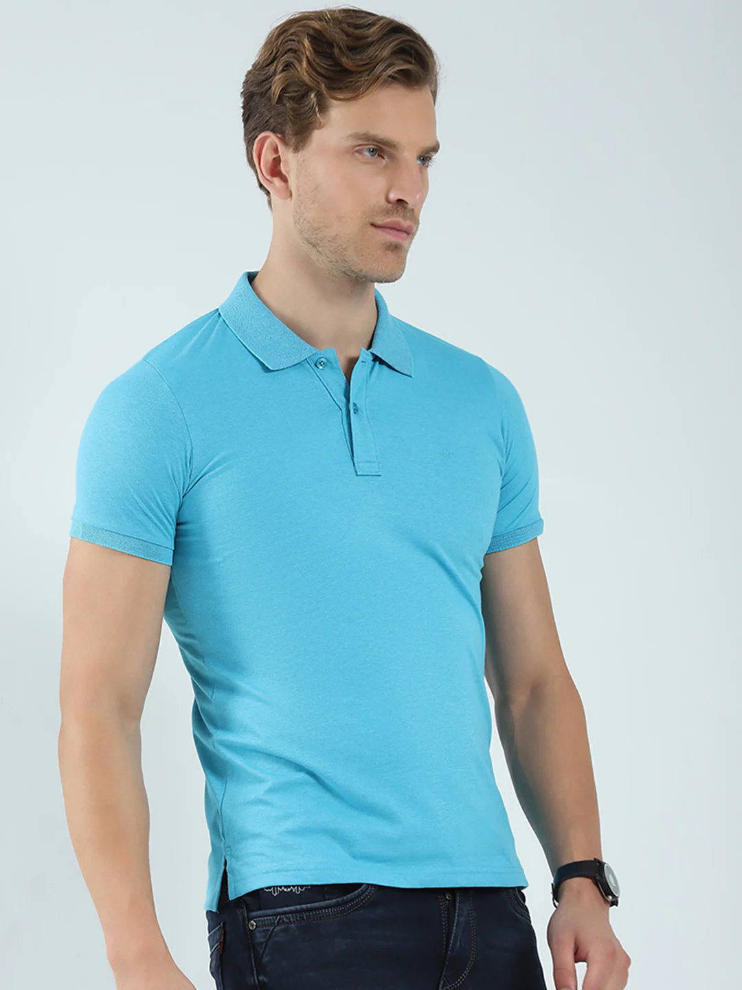 Men Blue Solid Collar Half Sleeve T-Shirt - Image 4
