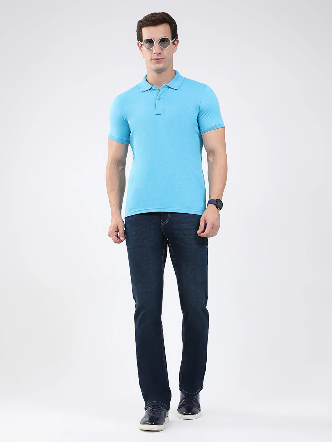 Men Blue Solid Collar Half Sleeve T-Shirt - Image 2