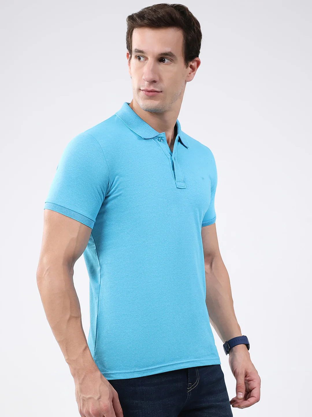 Men Blue Solid Collar Half Sleeve T-Shirt - Image 4