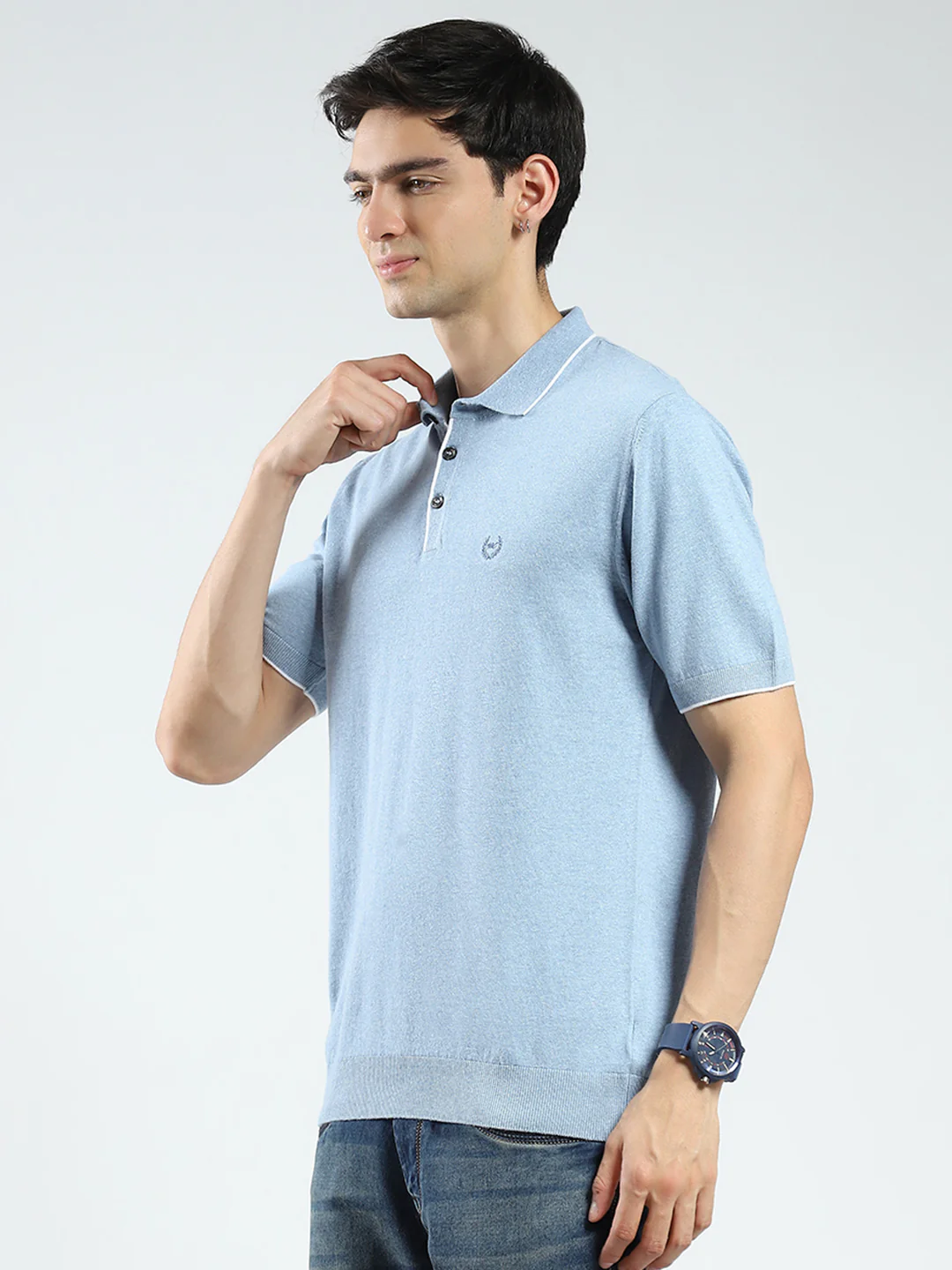 Men Blue Solid Collar Half Sleeve T-Shirt - Image 3