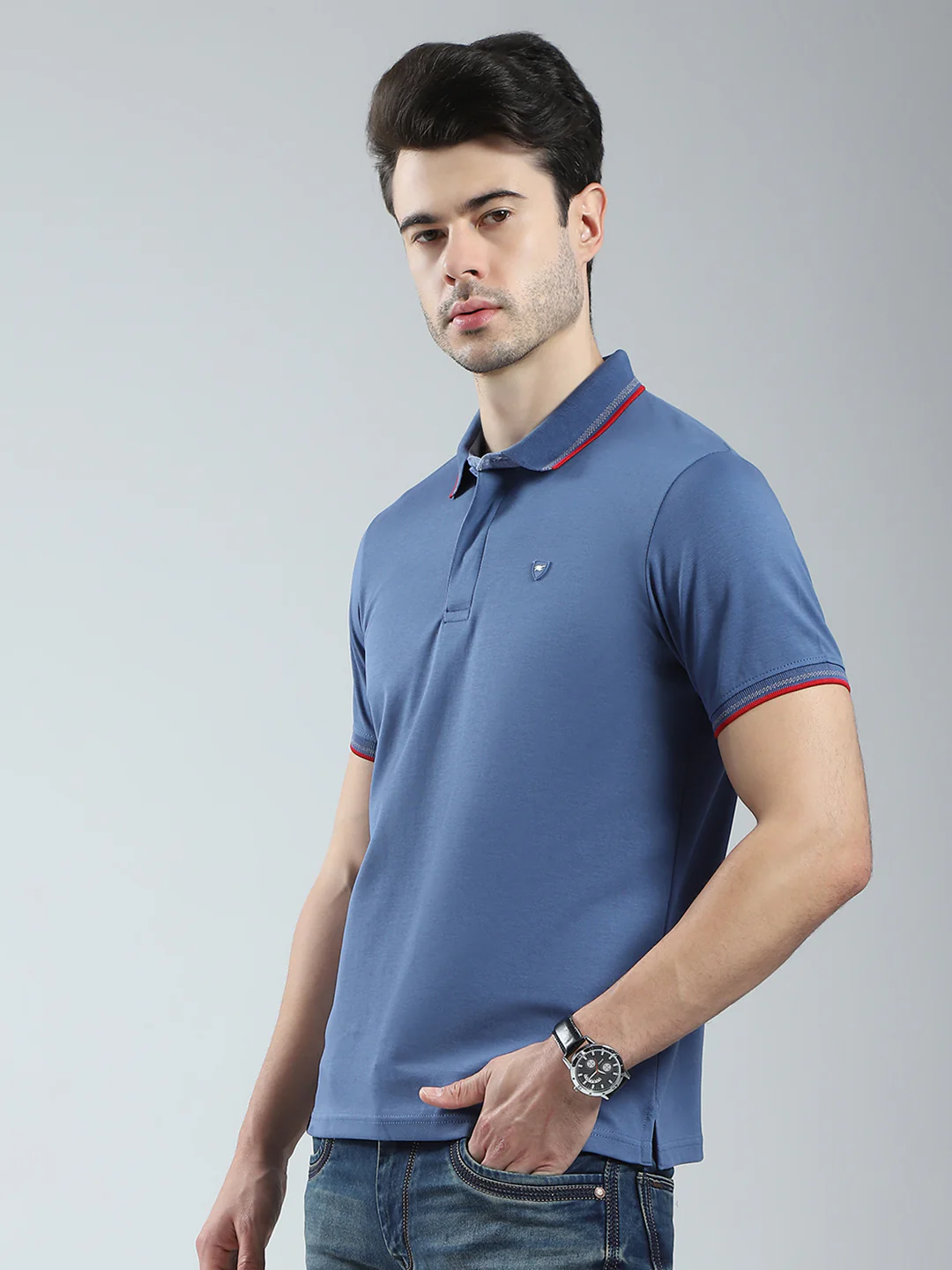 Men Blue Solid Collar Half Sleeve T-Shirt - Image 3