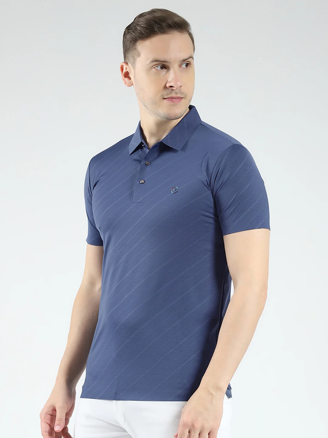 Men Blue Solid Collar Half Sleeve T-Shirt - Image 3