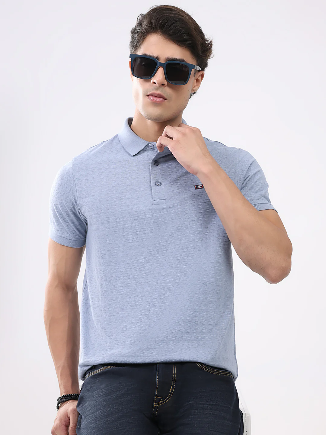 Men Blue Solid Collar Half Sleeve T-Shirt - Image 6