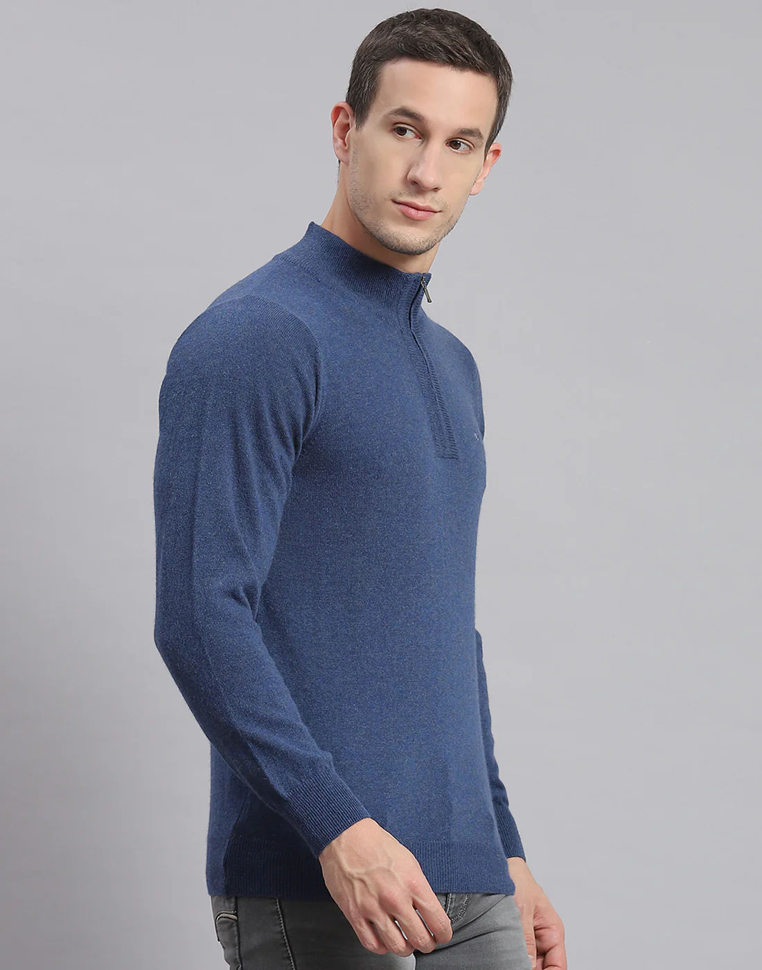 Men Blue Solid H Neck Full Sleeve Sweater - Image 4